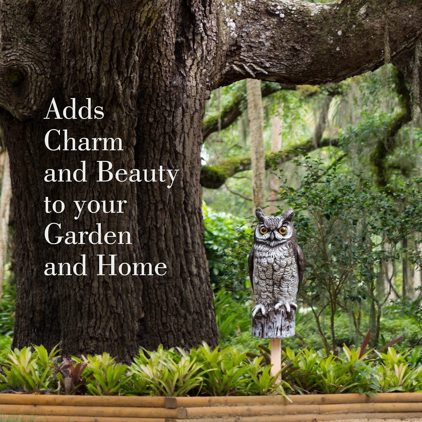 Fake Owl Decoy to Scare Birds Away from Gardens, Rooftops, and Patios - Scarecrow Provides Chemical-Free Pest Control - Safe and Humane, 16" Great Horned Owl