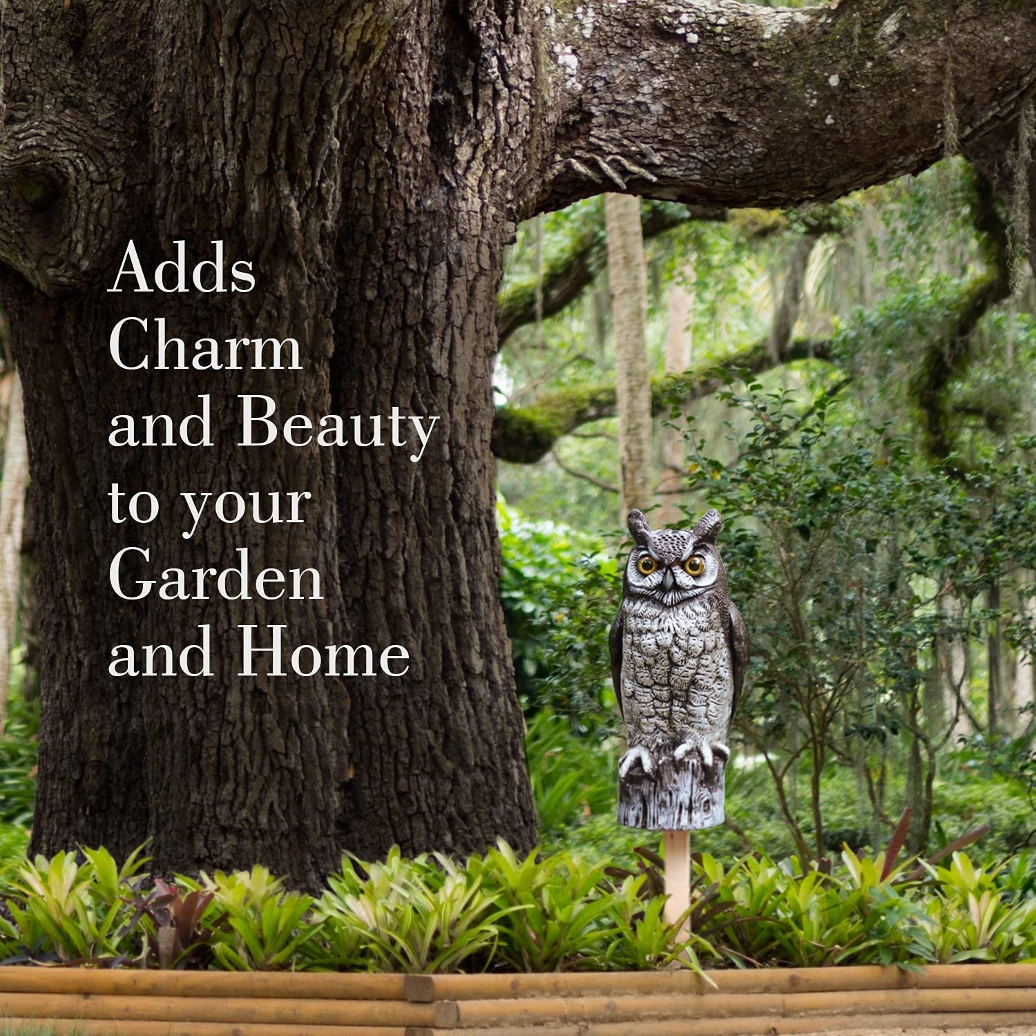 Fake Owl Decoy to Scare Birds Away from Gardens, Rooftops, and Patios - Scarecrow Provides Chemical-Free Pest Control - Safe and Humane, 16" Great Horned Owl