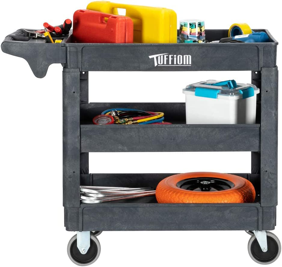 Plastic Service Utility Cart, Support up to 550Lbs Capacity, Heavy Duty Tub Storage Cart W/Deep Shelves, Multipurpose Rolling 3-Tier Mobile Storage Organizer, for Warehouse Garage