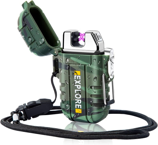 Lcfun Waterproof Lighter Outdoor Windproof Lighter Dual Arc Lighter Electric Lighters USB Rechargeable-Flameless-Plasma Cool Lighters for Camping, Hiking, Adventure, Survival Tactical Gear