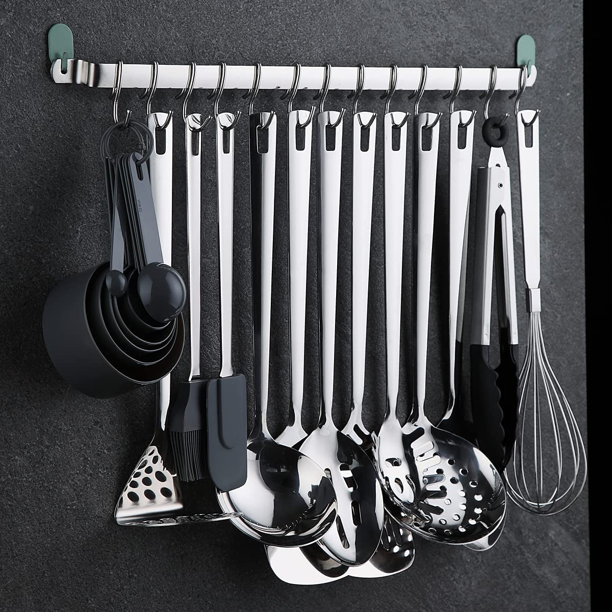 Kitchen Utensil Rack, Kitchen Rack,Rail Rack Organizer for Hanging Knives,Mug Rack, Spatula Rack, Hanging Pot Rack Utensil Holder, Wall Mounted Gourmet Kitchen Rail with 14 Hooks