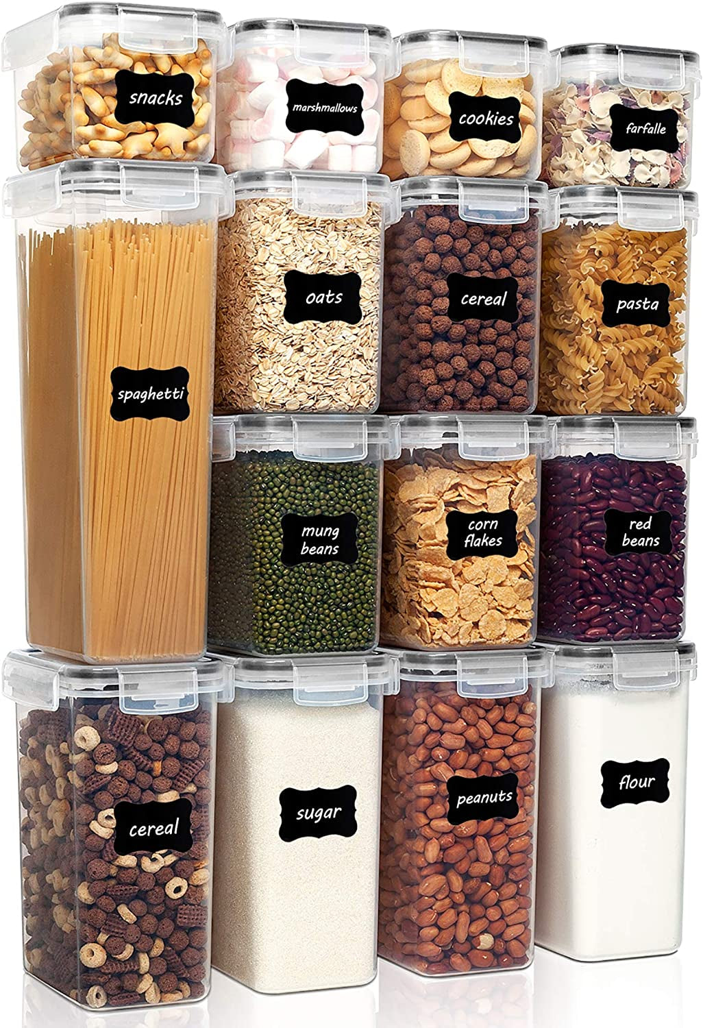Airtight Food Storage Containers Set with Lids, 15Pcs BPA Free Plastic Dry Food Canisters for Kitchen Pantry Organization and Storage, Dishwasher Safe,Include 24 Labels, Black