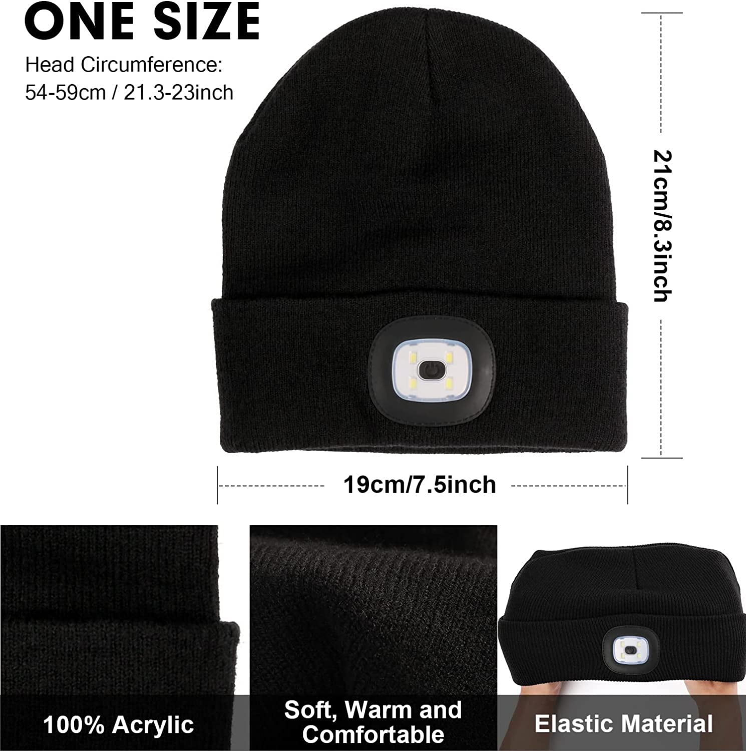 Unisex Beanie with Light, USB Rechargeable LED Headlamp Beanie, Gifts for Dad Father Men Husband Warm Knitted Cap Black