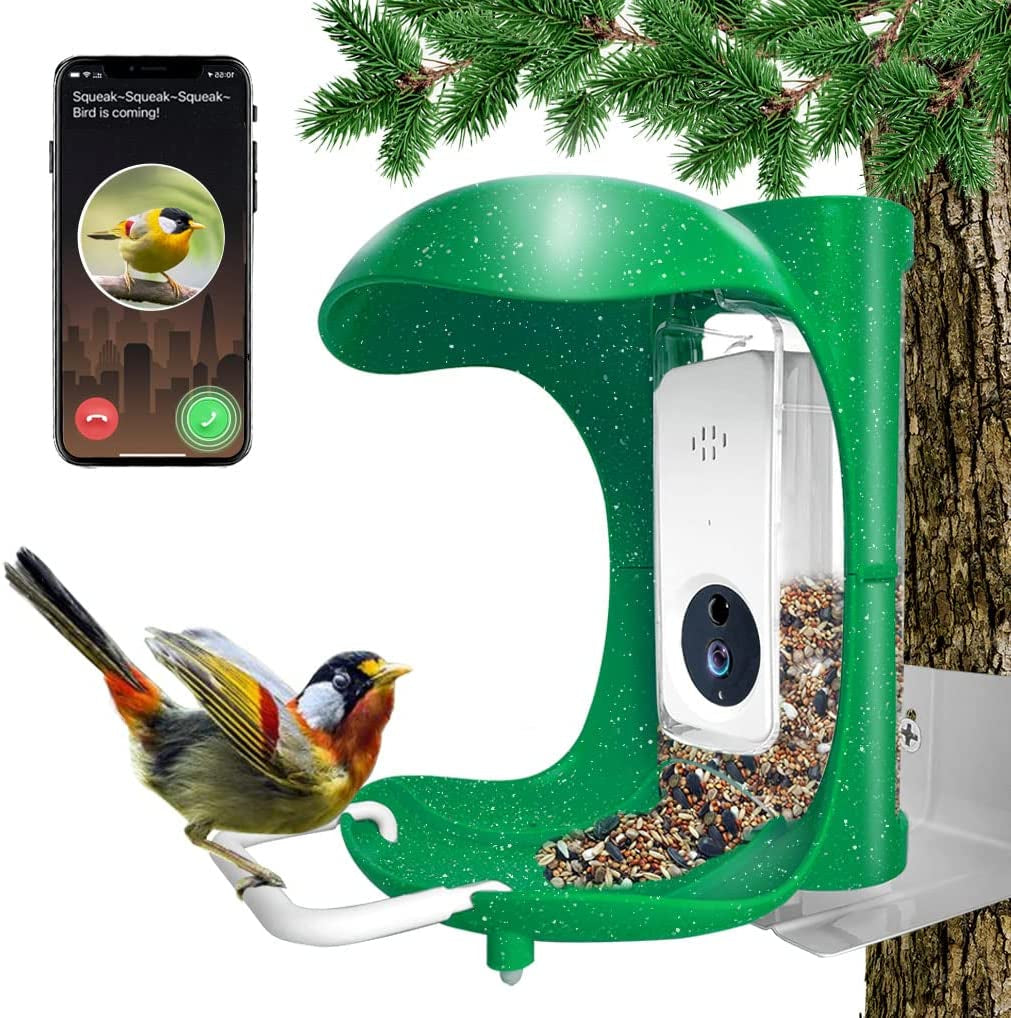 Smart Bird Feeder with Camera, AI Recognition and Bird Sensing, Smart Wild Bird Feeder with APP Connected to 2.4G Wifi, Bird House Bird Feeder with Built-In Microphone, Green