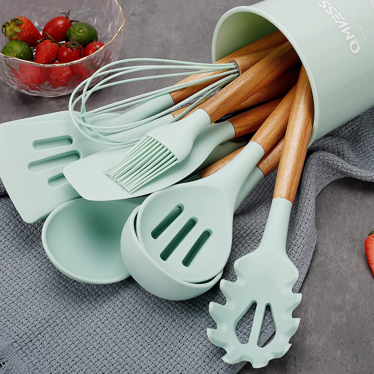 Kitchen Utensils Set  35 Pcs Non-Stick Silicone Cooking Utensils Set with Holder Sturdy Insulation Wooden Handle Heat Resistance Silicone Spatula Spoon Kitchen Gadgets Utensils Set (Light Green)