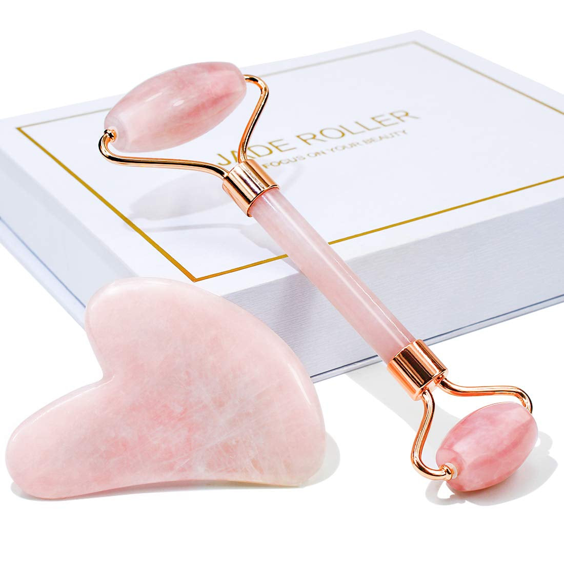Jade Roller & Gua Sha, Face Roller, Facial Beauty Roller Skin Care Tools,  Rose Quartz Massager for Face, Eyes, Neck, Body Muscle Relaxing and Relieve Fine Lines and Wrinkles