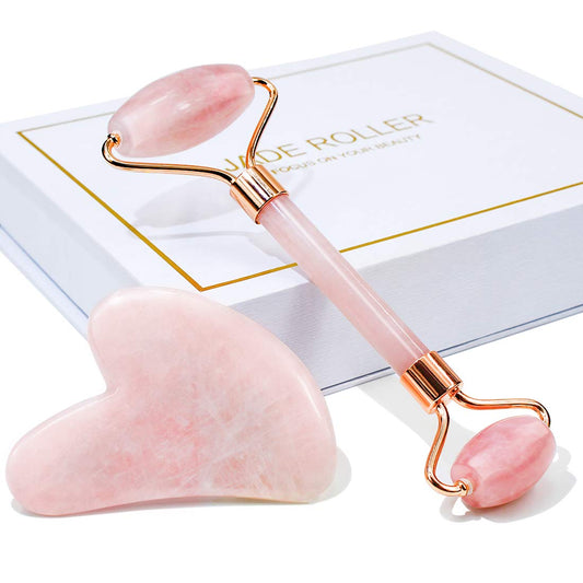 Jade Roller & Gua Sha, Face Roller, Facial Beauty Roller Skin Care Tools,  Rose Quartz Massager for Face, Eyes, Neck, Body Muscle Relaxing and Relieve Fine Lines and Wrinkles
