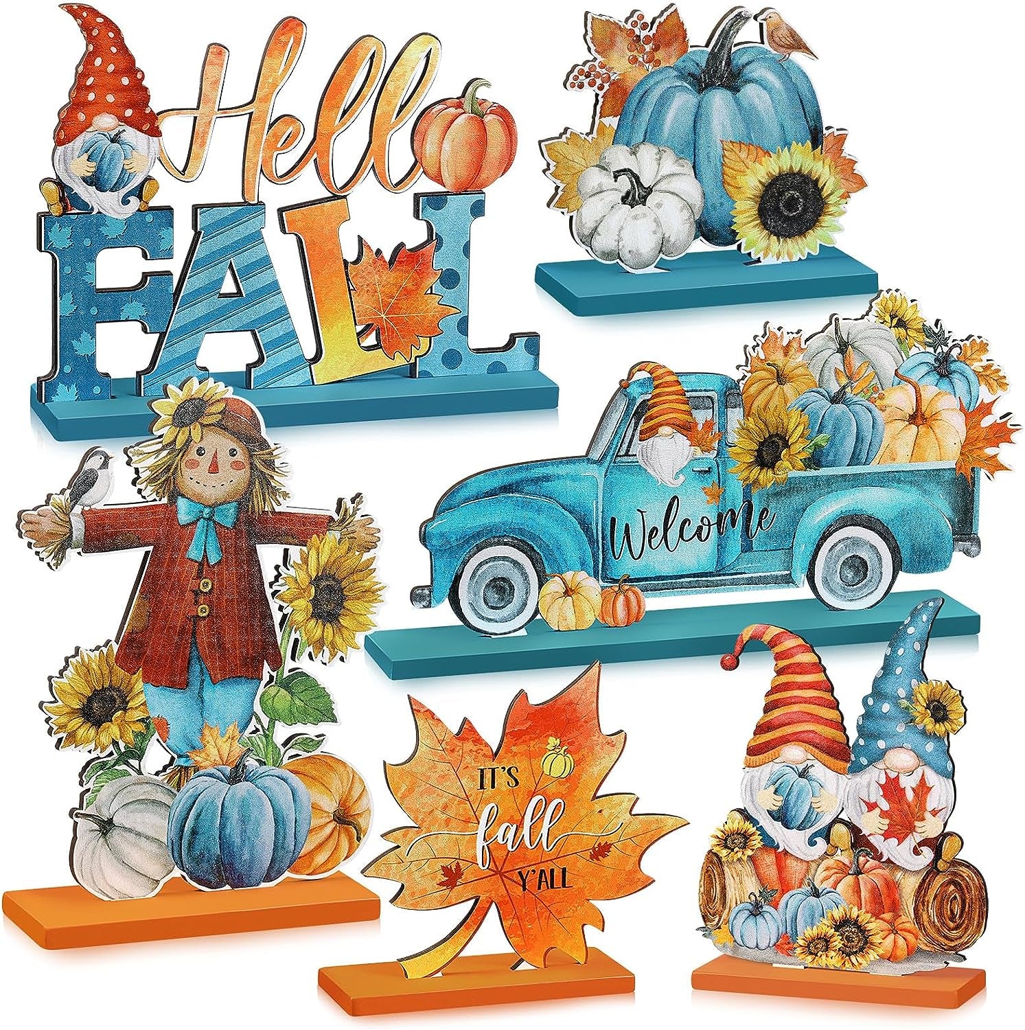 6 Pcs Fall Table Decorations Wooden Thanksgiving Table Signs Hello Fall Gnomes Pumpkin Truck Scarecrow Table Centerpieces for Autumn Harvest Thanksgiving Party Decor Supplies(Fresh)