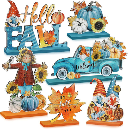 6 Pcs Fall Table Decorations Wooden Thanksgiving Table Signs Hello Fall Gnomes Pumpkin Truck Scarecrow Table Centerpieces for Autumn Harvest Thanksgiving Party Decor Supplies(Fresh)