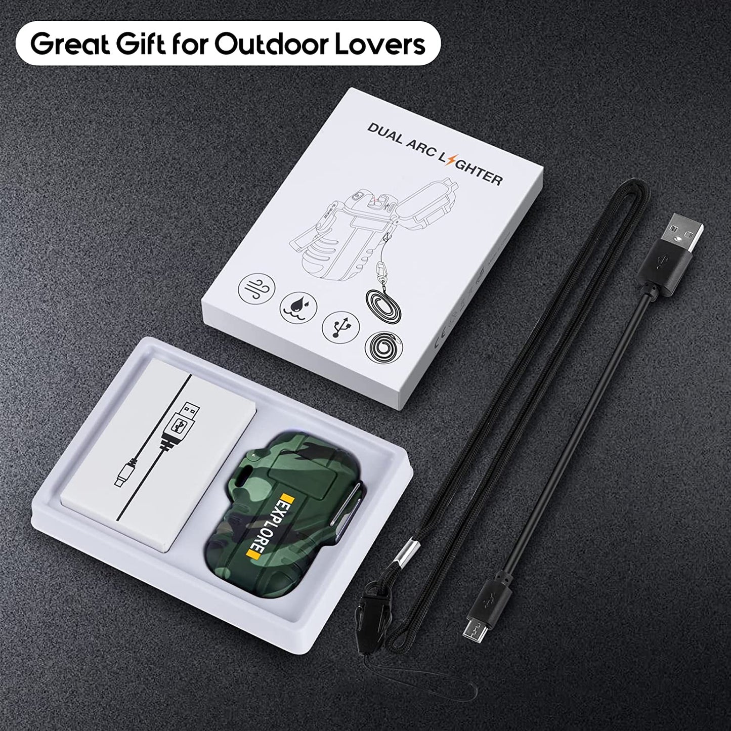 Lcfun Waterproof Lighter Outdoor Windproof Lighter Dual Arc Lighter Electric Lighters USB Rechargeable-Flameless-Plasma Cool Lighters for Camping, Hiking, Adventure, Survival Tactical Gear