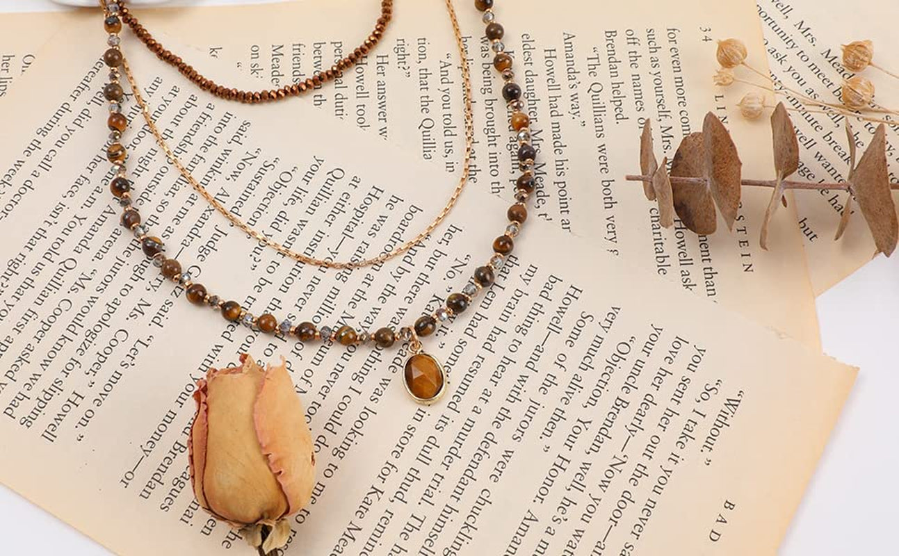 Bohemian Beaded Choker Necklace for Women Girls Multilayered Natural Stone Beads Necklace with Stone Pendant Boho Strand Statement Necklaces Handmade Hippie Necklace Beach Jewelry Gift for Girls