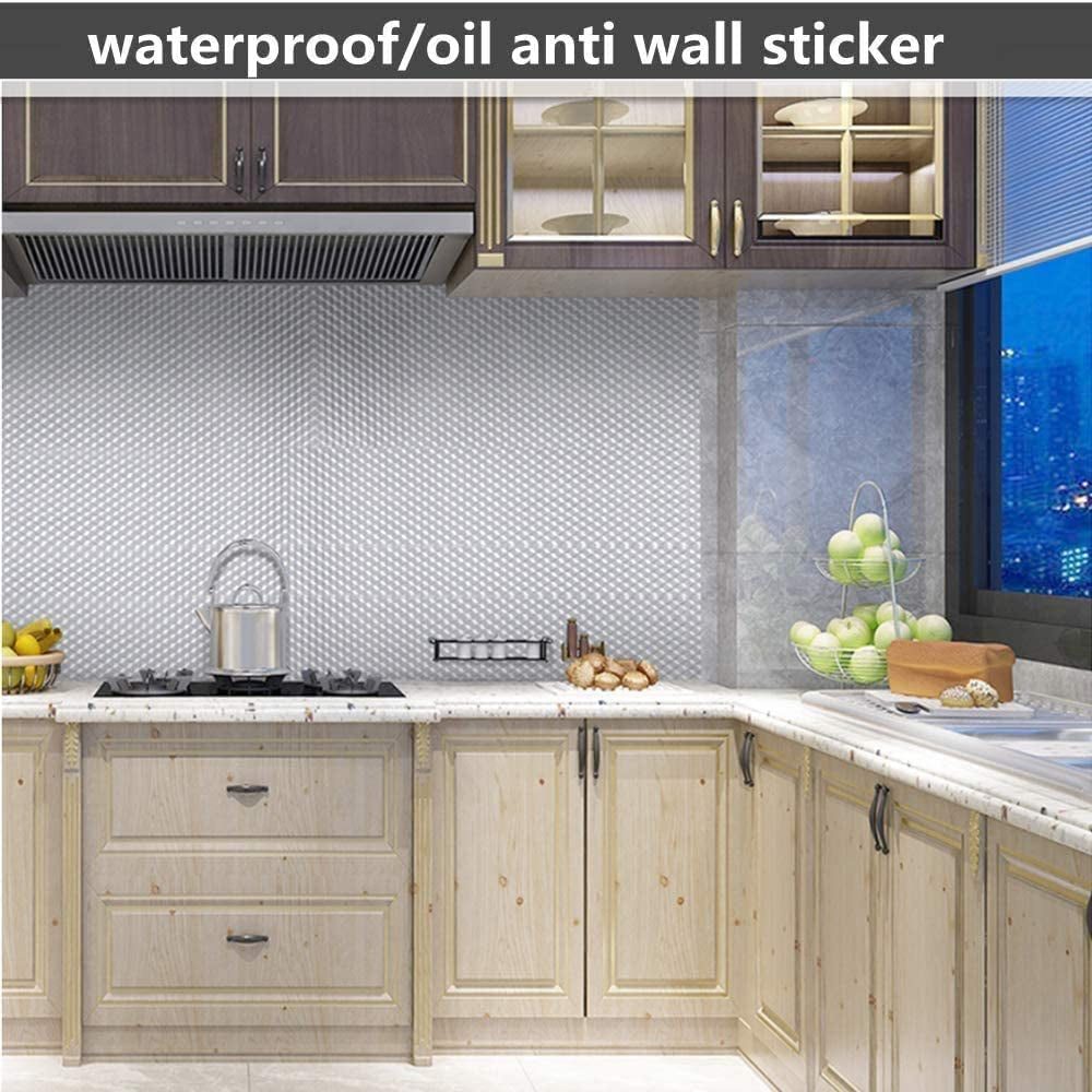 ZODIFEVI Kitchen Backsplash Stickers,15.7X196.9 Inch, Self Adhesive Shelf Liner Drawer Liner Peel and Stick Foil Wallpaper Cabinets Shelf Sticker (0.4M5M, Cube Texture-Silver)
