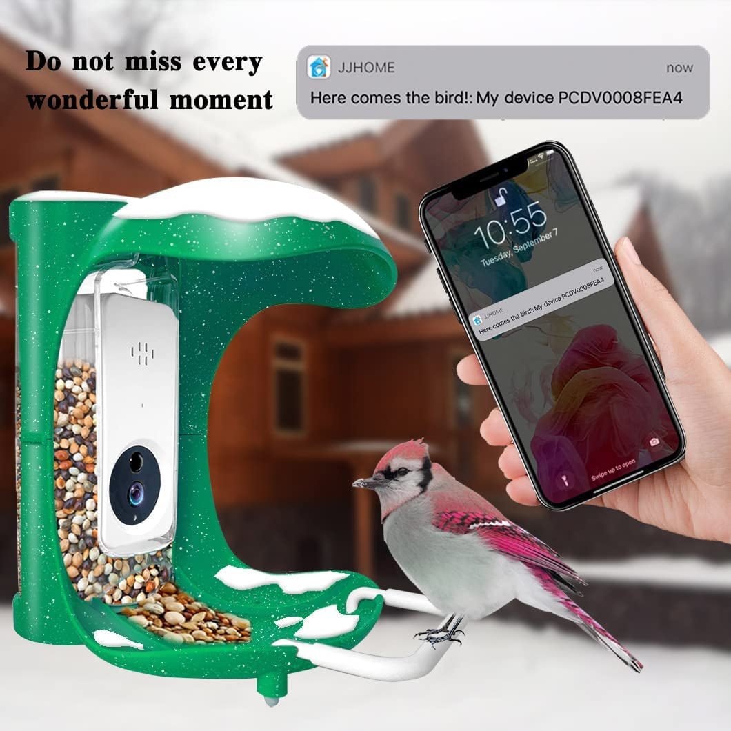 Smart Bird Feeder with Camera, AI Recognition and Bird Sensing, Smart Wild Bird Feeder with APP Connected to 2.4G Wifi, Bird House Bird Feeder with Built-In Microphone, Green