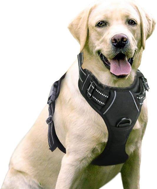 Dog Harness, No-Pull Pet Harness with 2 Leash Clips, Adjustable Soft Padded Dog Vest, Reflective No-Choke Pet Oxford Vest with Easy Control Handle for Large Dogs, Black, L