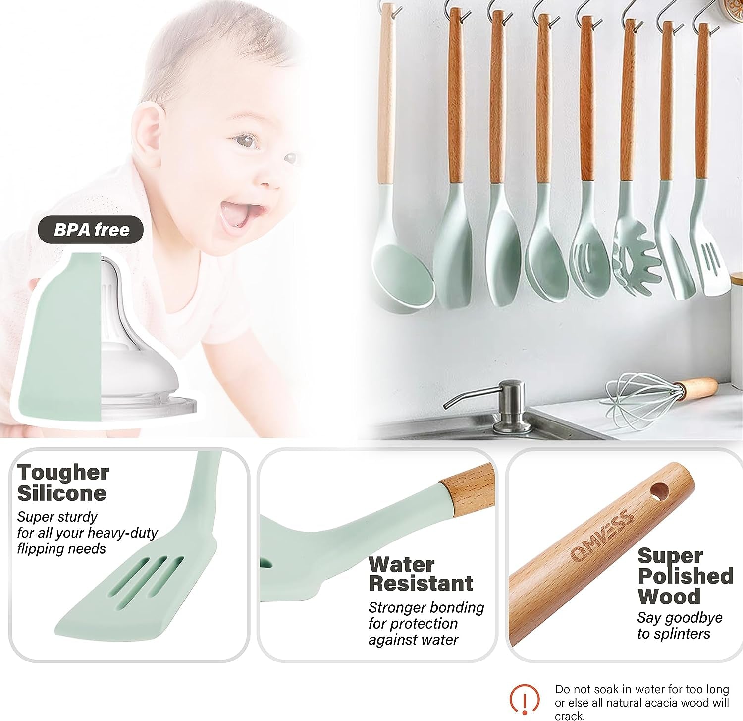 Kitchen Utensils Set  35 Pcs Non-Stick Silicone Cooking Utensils Set with Holder Sturdy Insulation Wooden Handle Heat Resistance Silicone Spatula Spoon Kitchen Gadgets Utensils Set (Light Green)