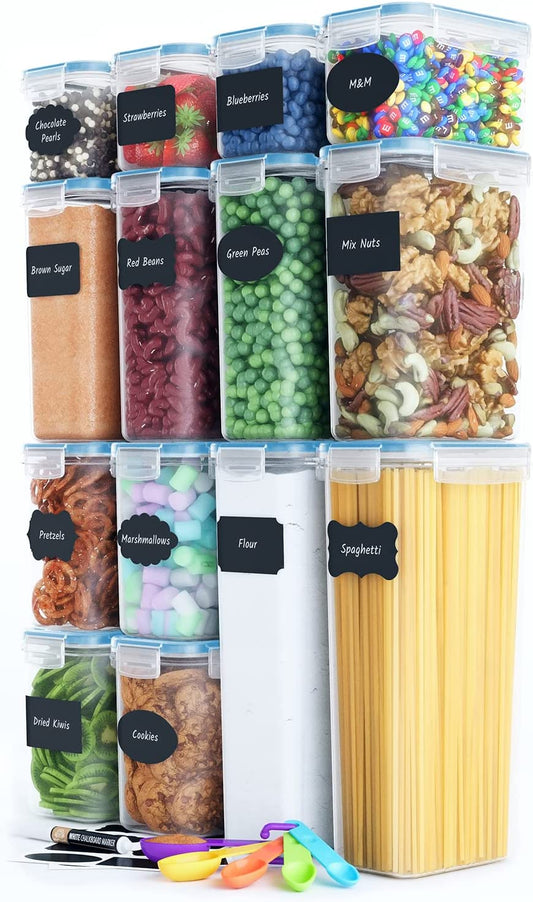 Premium Food Containers with Lids for Kitchen & Pantry Organization - BPA Free Variety Plastic Containers for Dry Food Storage & Other Pantry Needs - 14 Pack Blue Containers for Food