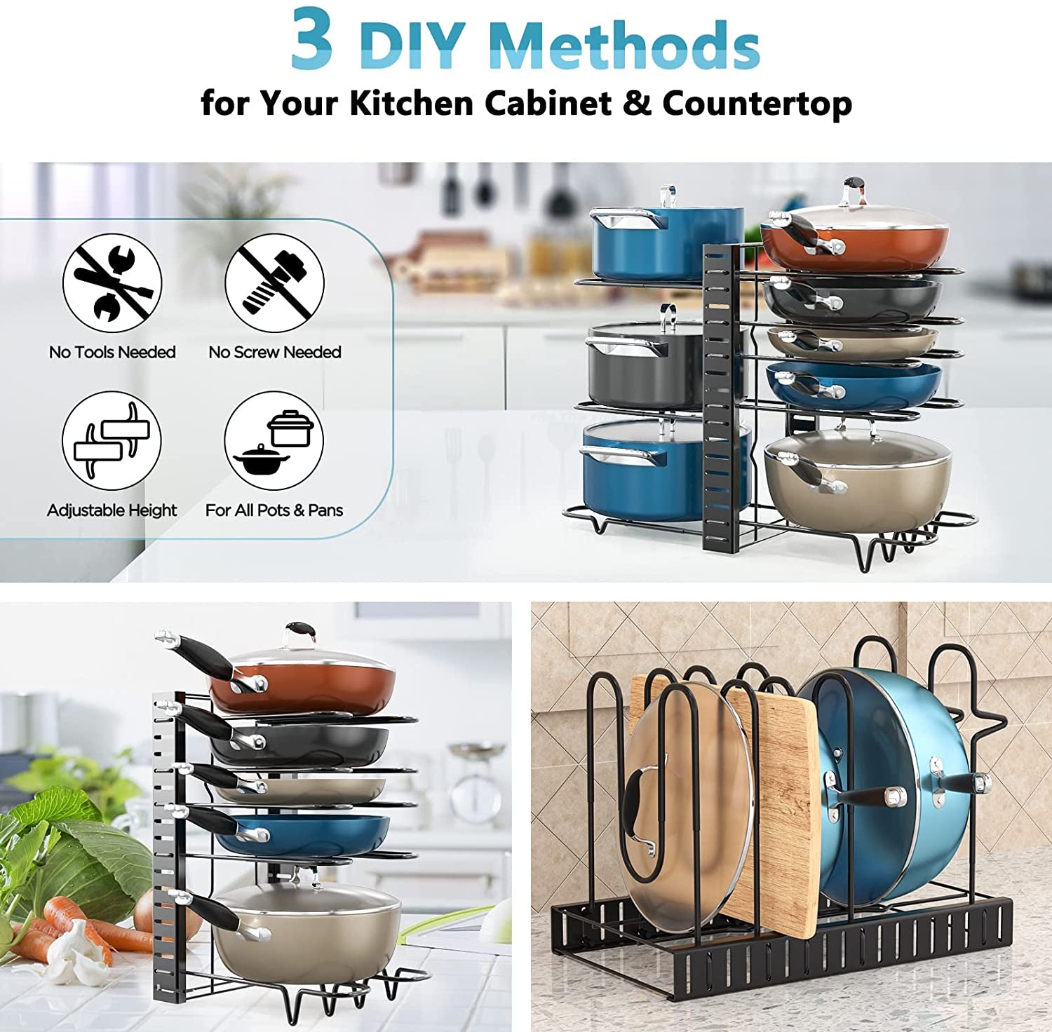 Pots and Pans Organizer for Cabinet, ORDORA 8 Tier Pot Rack with 3 DIY Methods, Adjustable Pan Organizer Rack for Cabinet, Pot Organizer for Kitchen Organization & Storage, Pot Lid Organizer