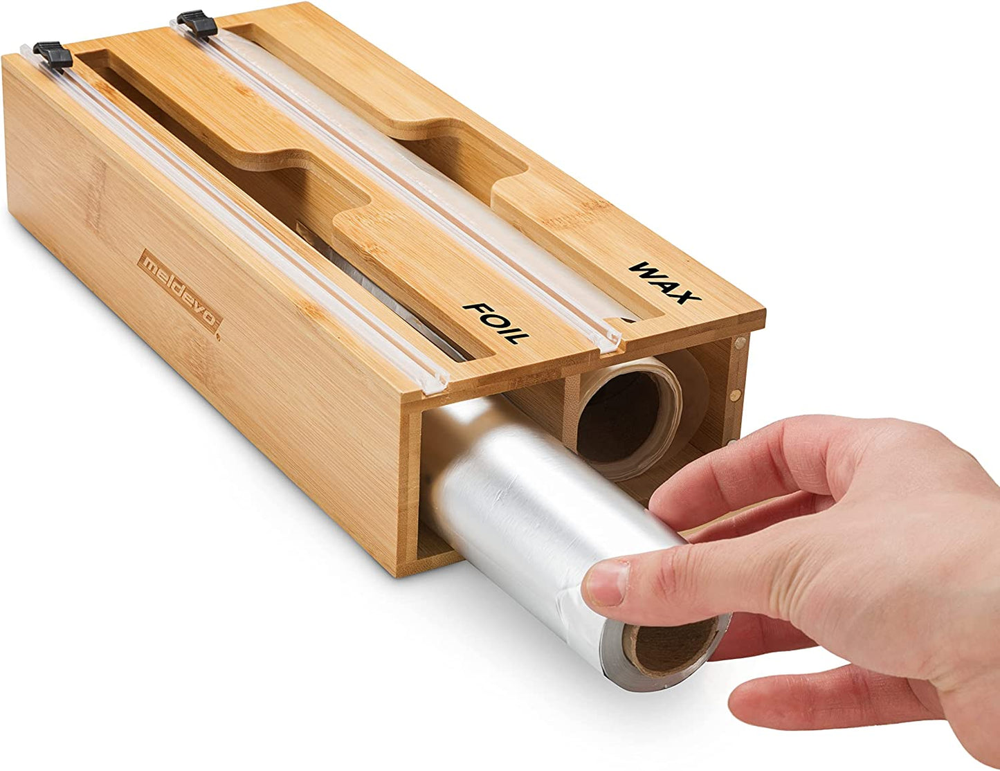 2 in 1 Wrap Dispenser with Cutter and Labels, Plastic Wrap, Aluminum Foil and Wax Paper Dispenser for Kitchen Drawer, Bamboo Roll Organizer Holder, Compatible with 12" Roll