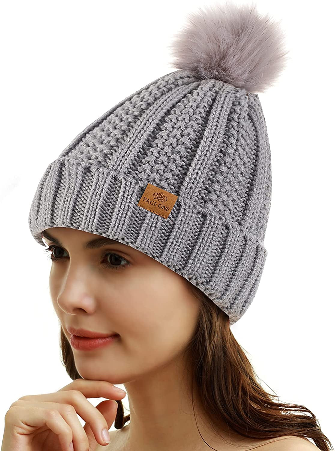 Womens Winter Thick Cable Knit Beanie Faux Fur Pom Hat Fleece Lined Skull Cap