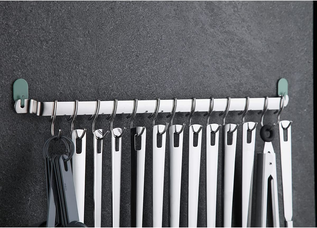 Kitchen Utensil Rack, Kitchen Rack,Rail Rack Organizer for Hanging Knives,Mug Rack, Spatula Rack, Hanging Pot Rack Utensil Holder, Wall Mounted Gourmet Kitchen Rail with 14 Hooks