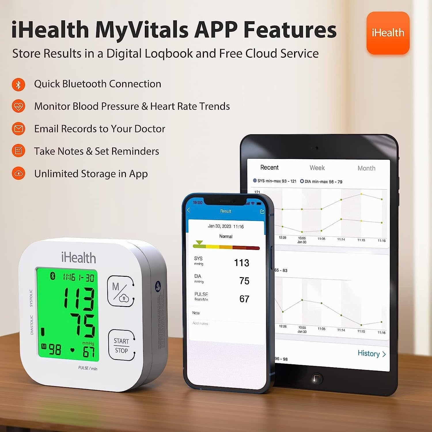 Track Smart Upper Arm Blood Pressure Monitor with Wide Range Cuff That Fits Standard to Large Adult Arms, Bluetooth Compatible for Ios & Android Devices