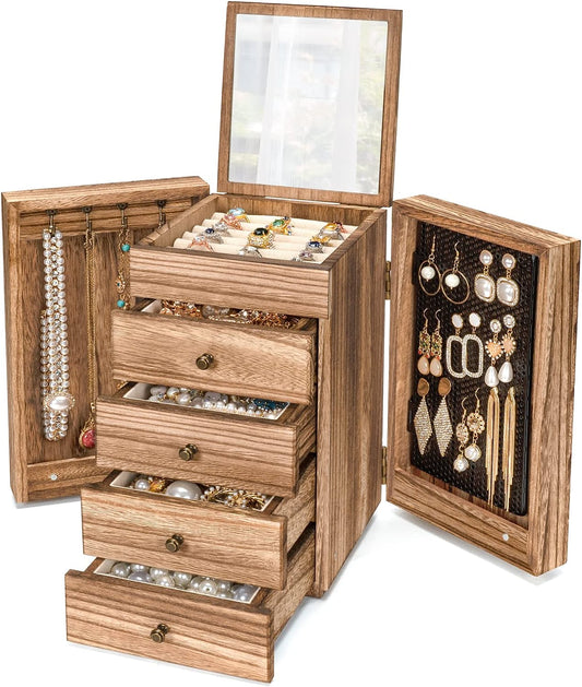 Jewelry Box Wood for Wowen, 5-Layer Large Organizer Box with Mirror & 4 Drawers for Rings, Earrings, Necklaces, Vintage Style Torched Wood