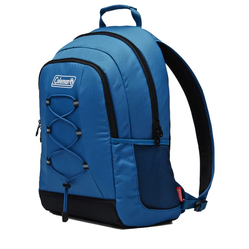 A blue Coleman CHILLER 28-Can Soft-Sided Backpack Cooler with adjustable padded shoulder and waist straps, and a mesh front pocket.