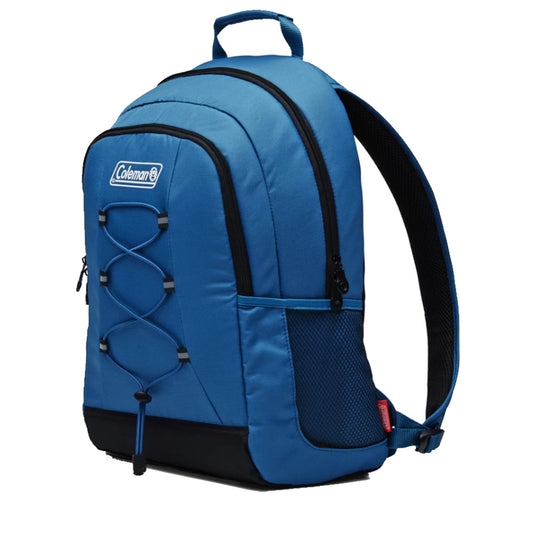 A blue Coleman CHILLER 28-Can Soft-Sided Backpack Cooler with adjustable padded shoulder and waist straps, and a mesh front pocket.