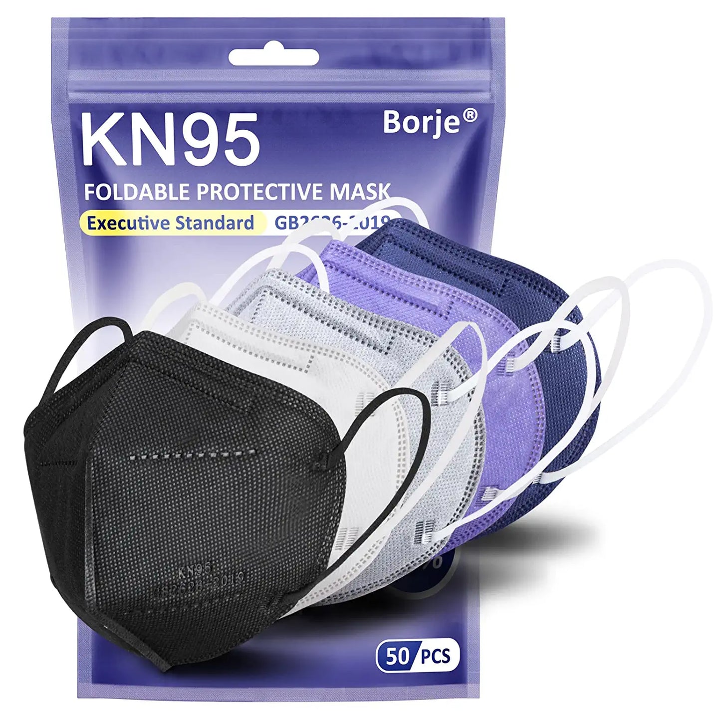 Pack of 50 KN95 face masks featuring 5-ply protection, available in assorted colors, designed for adults, model RS8010, and intended for single use.