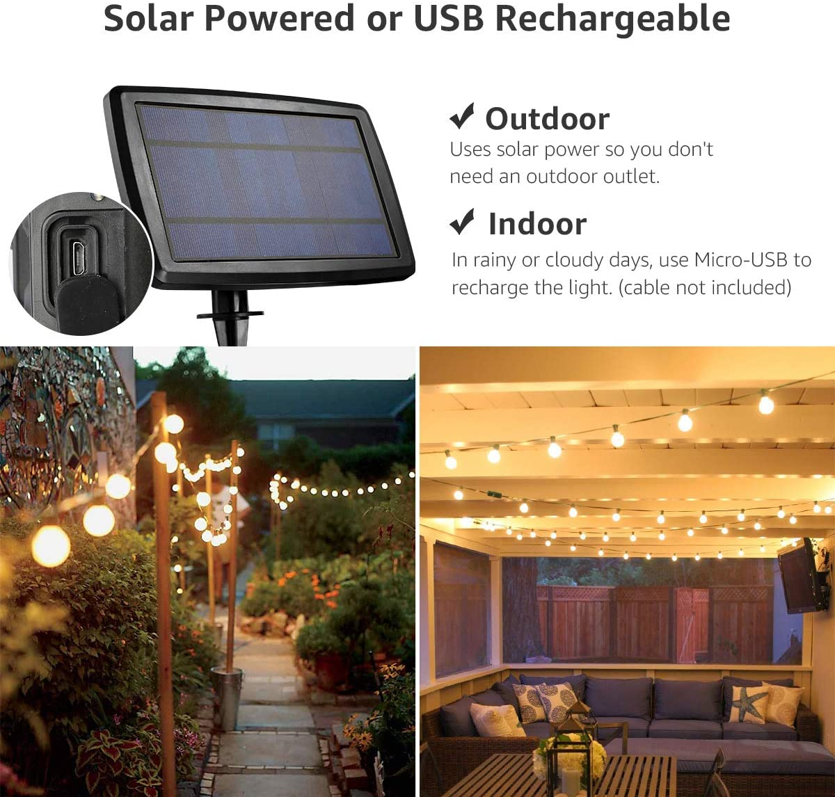 Solar Outdoor String Lights LED Patio Lights, USB Rechargeable Portable Bistro Lights, 25Ft 25 G40 Bulbs Edison Café String Lights for Porch, Pergola, Backyard, Deck, Garden, Pool, Party, Wedding