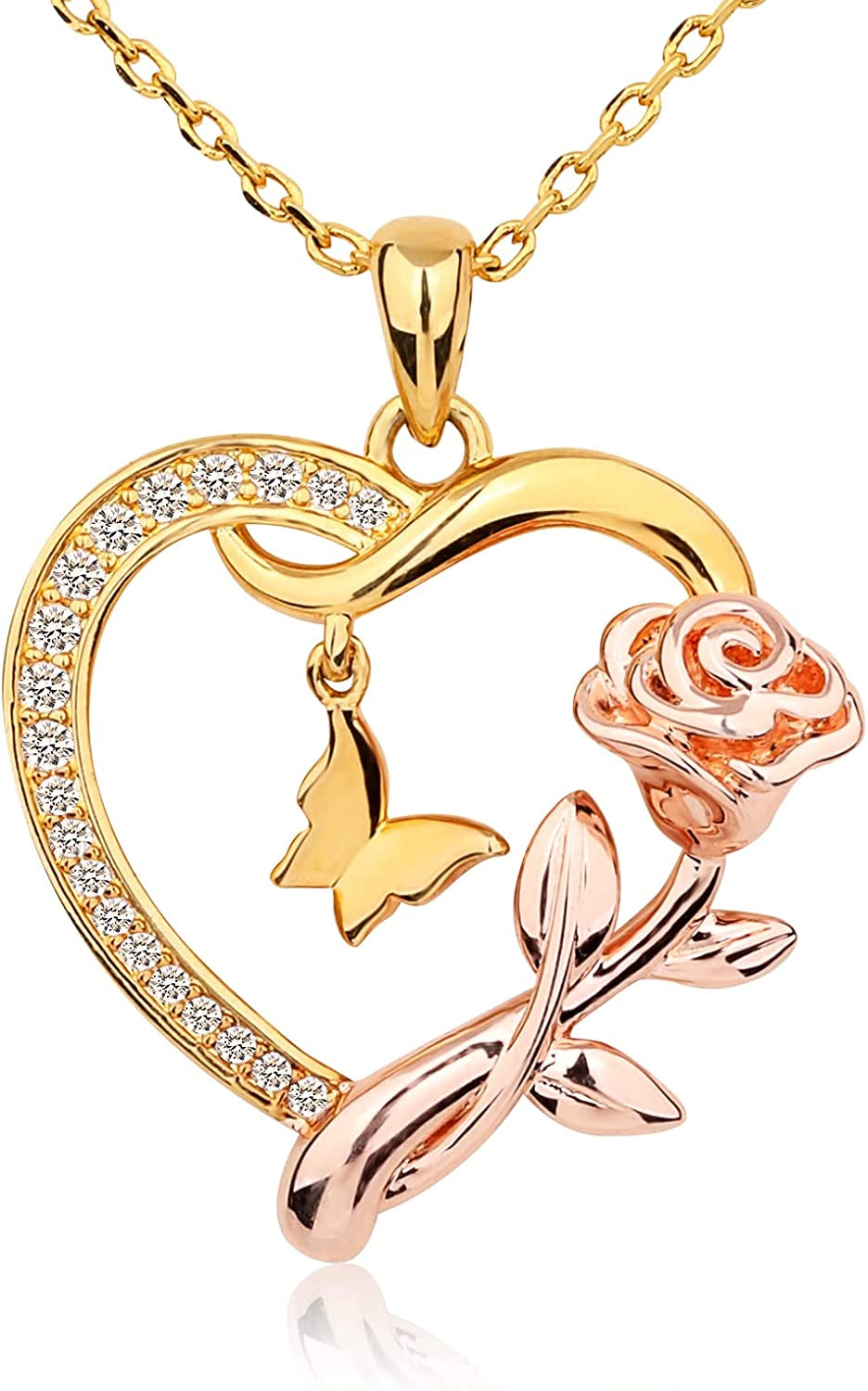 Heart Shaped Butterfly Rose Pendant Necklace 925 Sterling Silver, Ladies Heart Necklace 14K Gold Plated, Birthday Jewelry Gift for Girls