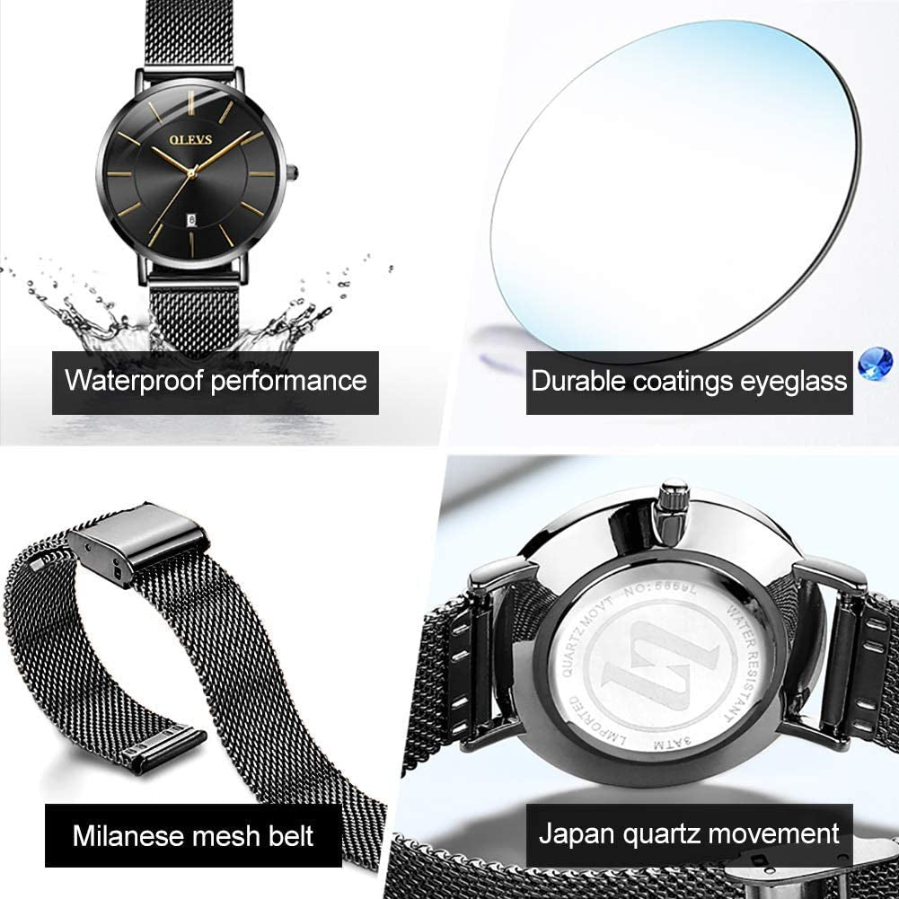 6.5Mm Ultra Thin Watches for Women Waterproof,Rose Gold Stainless Steel Ladies Watch,Casual Women Watches with Date,Big Face Female Wristwatches,Japanese Quartz Lady Watches,Gifts for Women