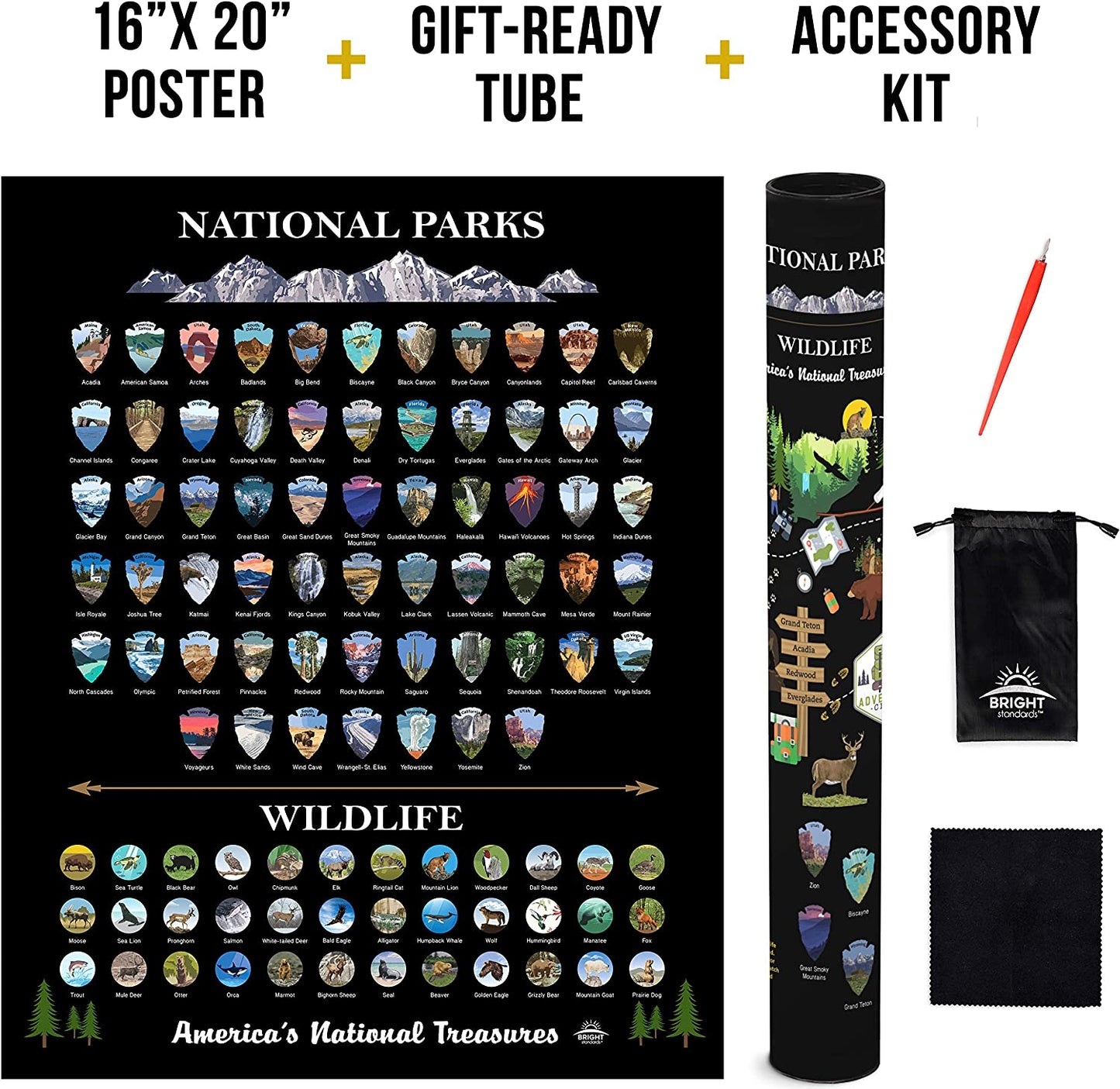 National Parks Scratch off Map of United States Poster [ALL 63 Parks] INCLUDES Wildlife, US Travel Map Print, USA Gift for Travelers Road Trip Adventure Journal, Fits 16”X20” Frame by