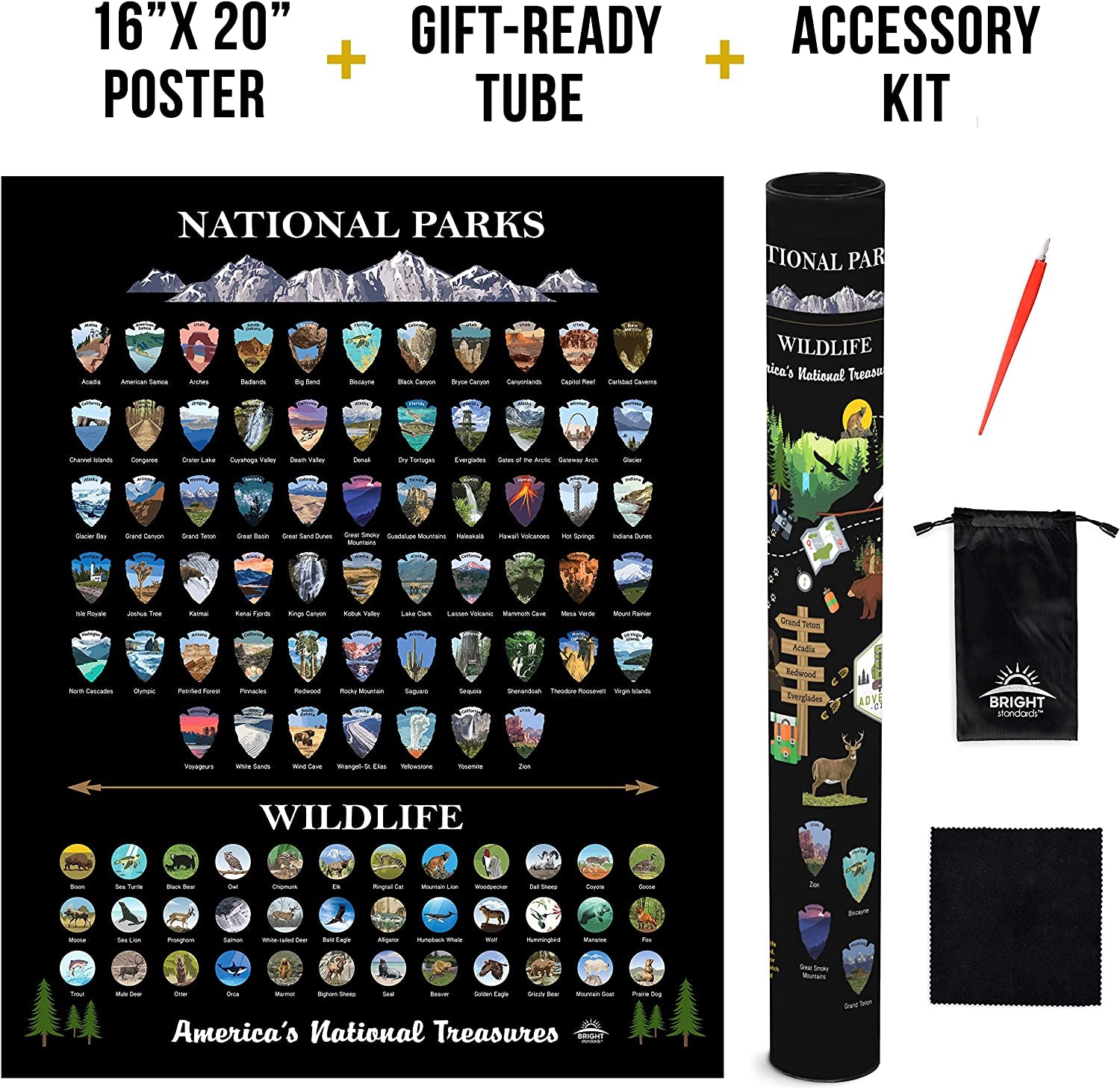 National Parks Scratch off Map of United States Poster [ALL 63 Parks] INCLUDES Wildlife, US Travel Map Print, USA Gift for Travelers Road Trip Adventure Journal, Fits 16”X20” Frame by