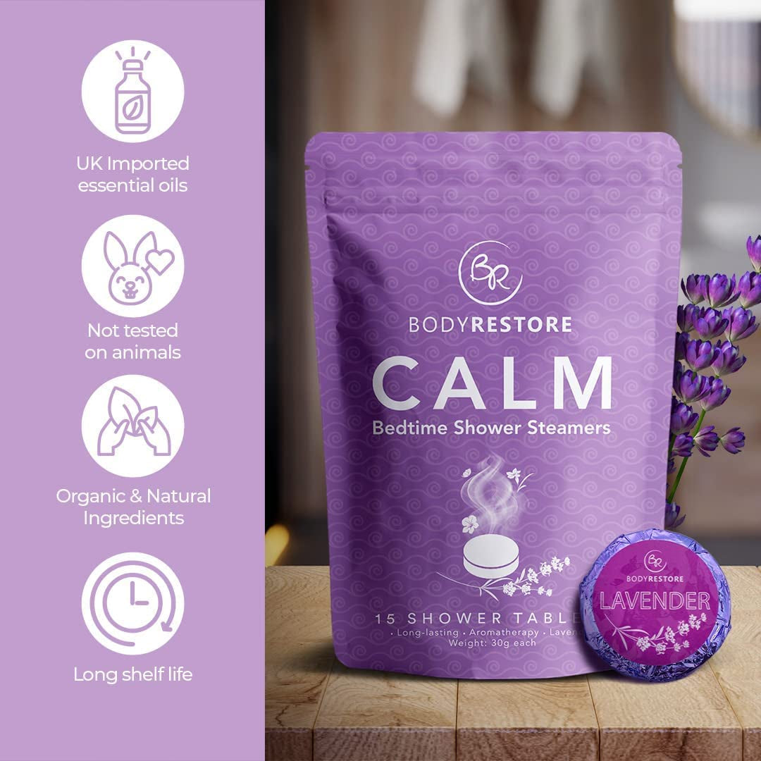 Bodyrestore Shower Steamers Aromatherapy - 15 Pack Shower Bath Bombs for Women, Lavender Nighttime Shower Tablets, Essential Oil Stress Relief and Relaxation Gifts for Women and Men