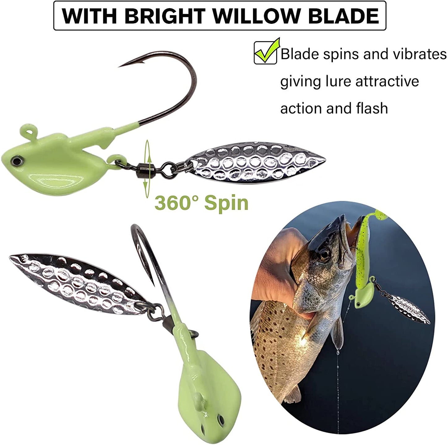 Fishing Jig Heads Underspin Jig Heads with Willow Blade Glow/Green/Blue/Colorful/Red 1/8Oz 1/4Oz 3/8Oz 1/2Oz 10Pcs