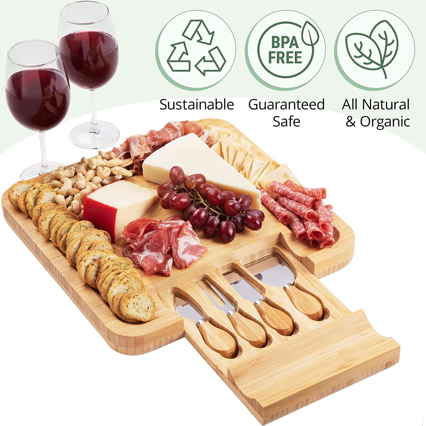 Bamboo Cheese Board Charcuterie Board Set with Cutlery - Slide-Out Drawer Includes 4 Stainless Steel Serving Utensils - Serving Tray for Wedding Gifts, Christmas Gifts, Housewarming
