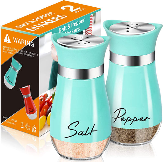 Salt and Pepper Shakers Set,4 Oz Glass Bottom Salt Pepper Shaker with Stainless Steel Lid for Kitchen Cooking Table, RV, Camp,Bbq Refillable Design (Cyan-Blue)