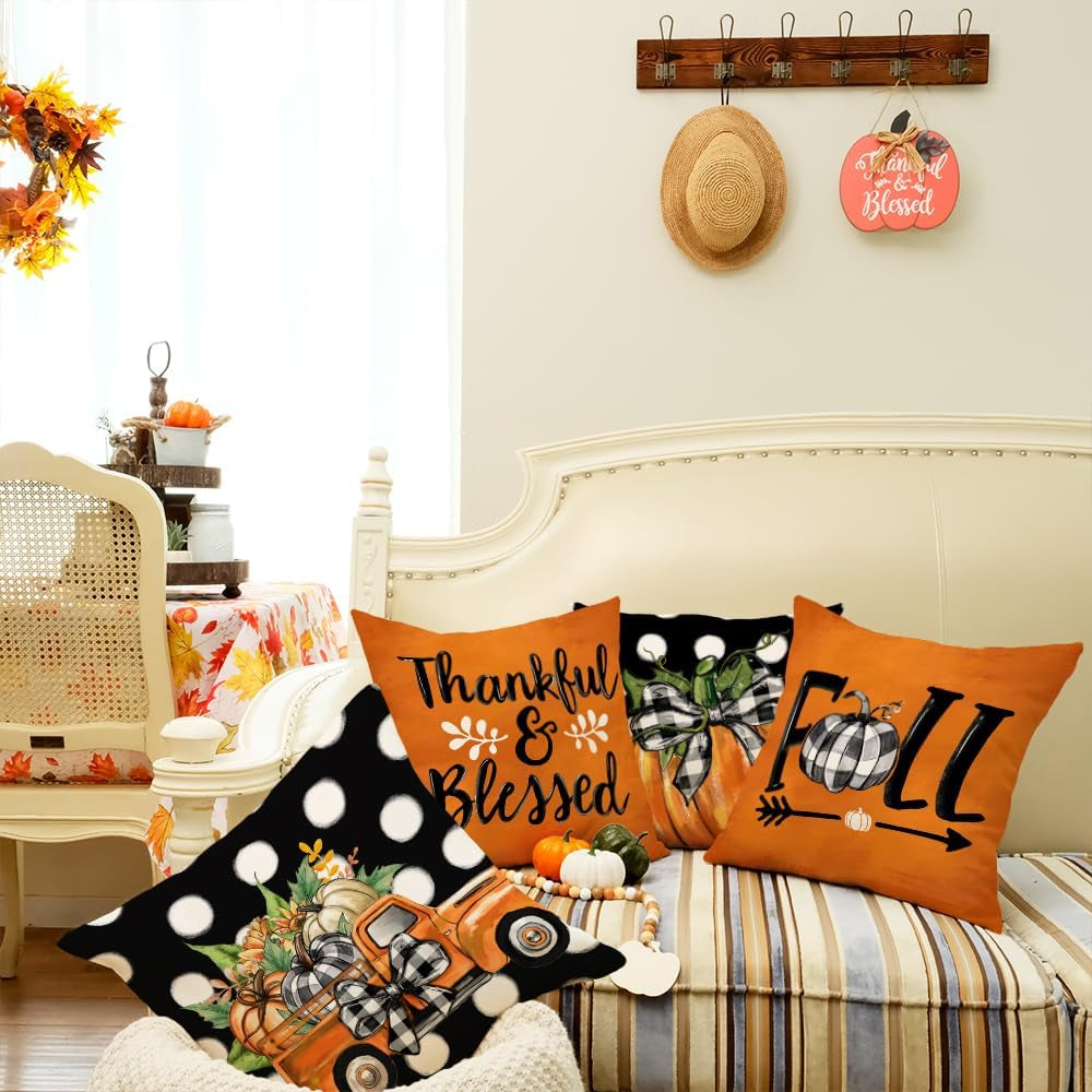 Fall Pillow Covers 18 X 18 Inch Set of 4, Polka Dots Buffalo Bow-Knot Pumpkins Truck Thankful Thanksgiving Decor Decorative Throw Cushion Cases Decoration for Home Sofa Couch (Black) G405-18