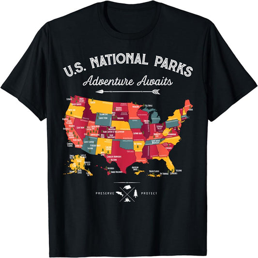 62 National Parks Map Gifts Shirt Women US Park Vintage Camping Hiking T-Shirt Black Large