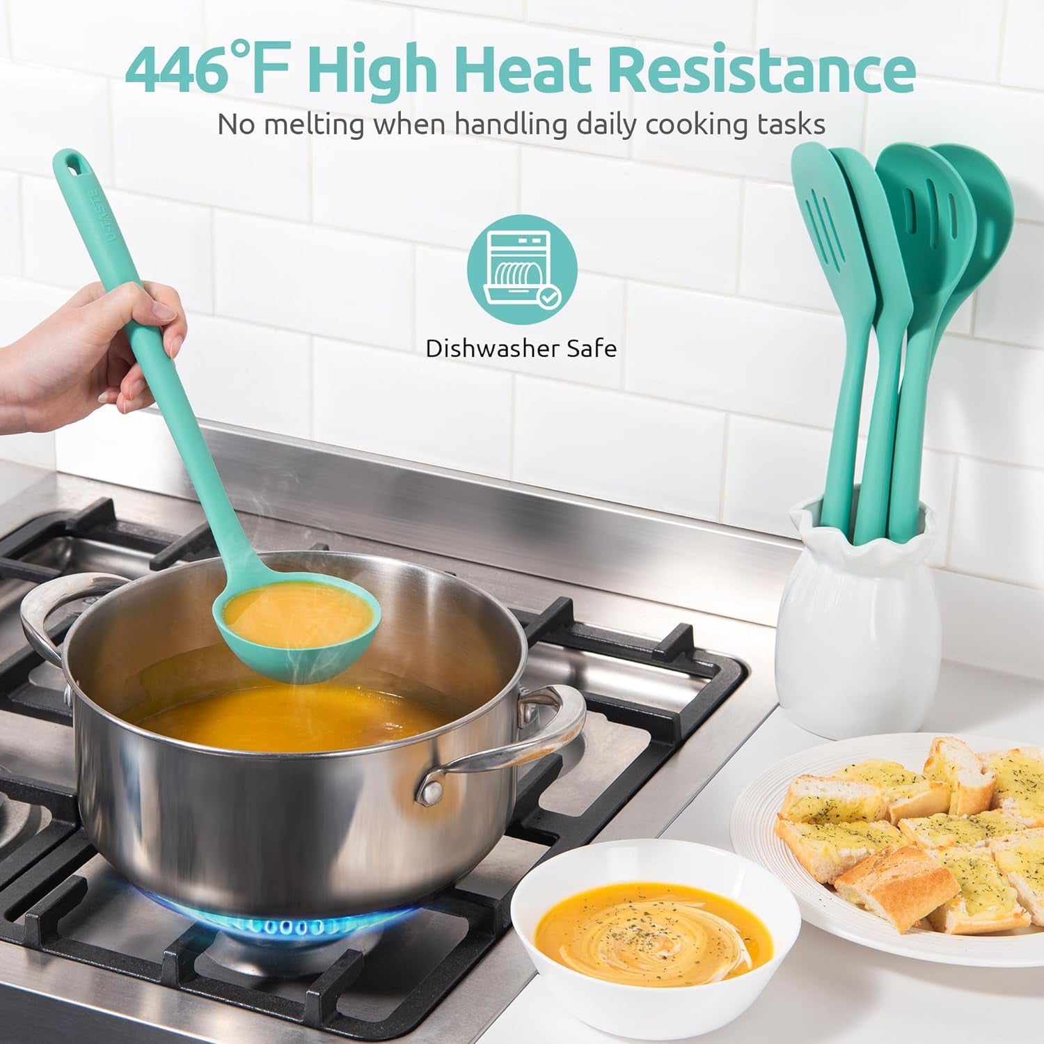 High Heat Resistant Kitchen Utensil:  13.6" Silicone Cooking Tools Gadgets Set, BPA Free Non Stick Solid and Slotted Turner Spatula, Mixing Spoon, and Soup Ladle (5 Pieces, Aqua Sky)