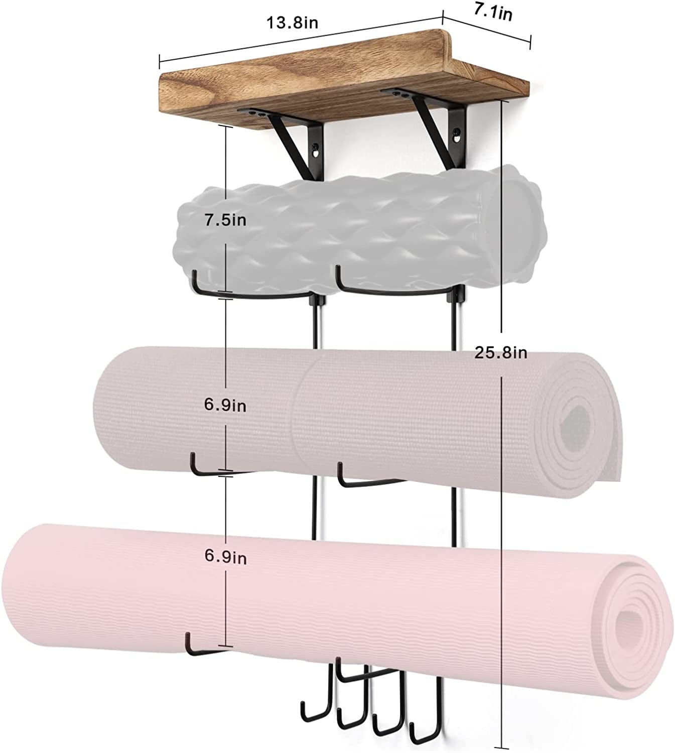 Yoga Mat Holder Wall Mount Yoga Mat Storage Home Gym Accessories with Wood Floating Shelves and 4 Hooks for Hanging Foam Roller and Resistance Bands Fitness Home Gym