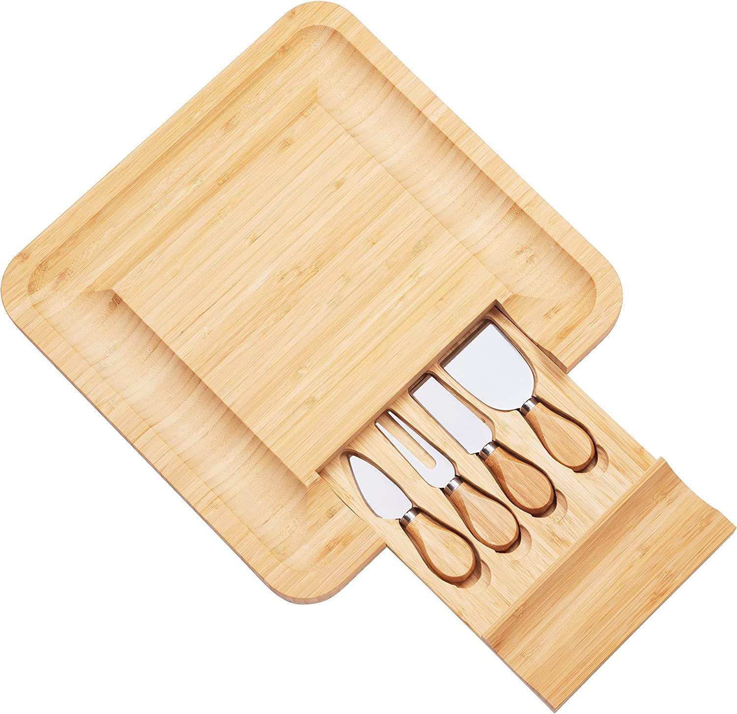 Bamboo Cheese Board Charcuterie Board Set with Cutlery - Slide-Out Drawer Includes 4 Stainless Steel Serving Utensils - Serving Tray for Wedding Gifts, Christmas Gifts, Housewarming