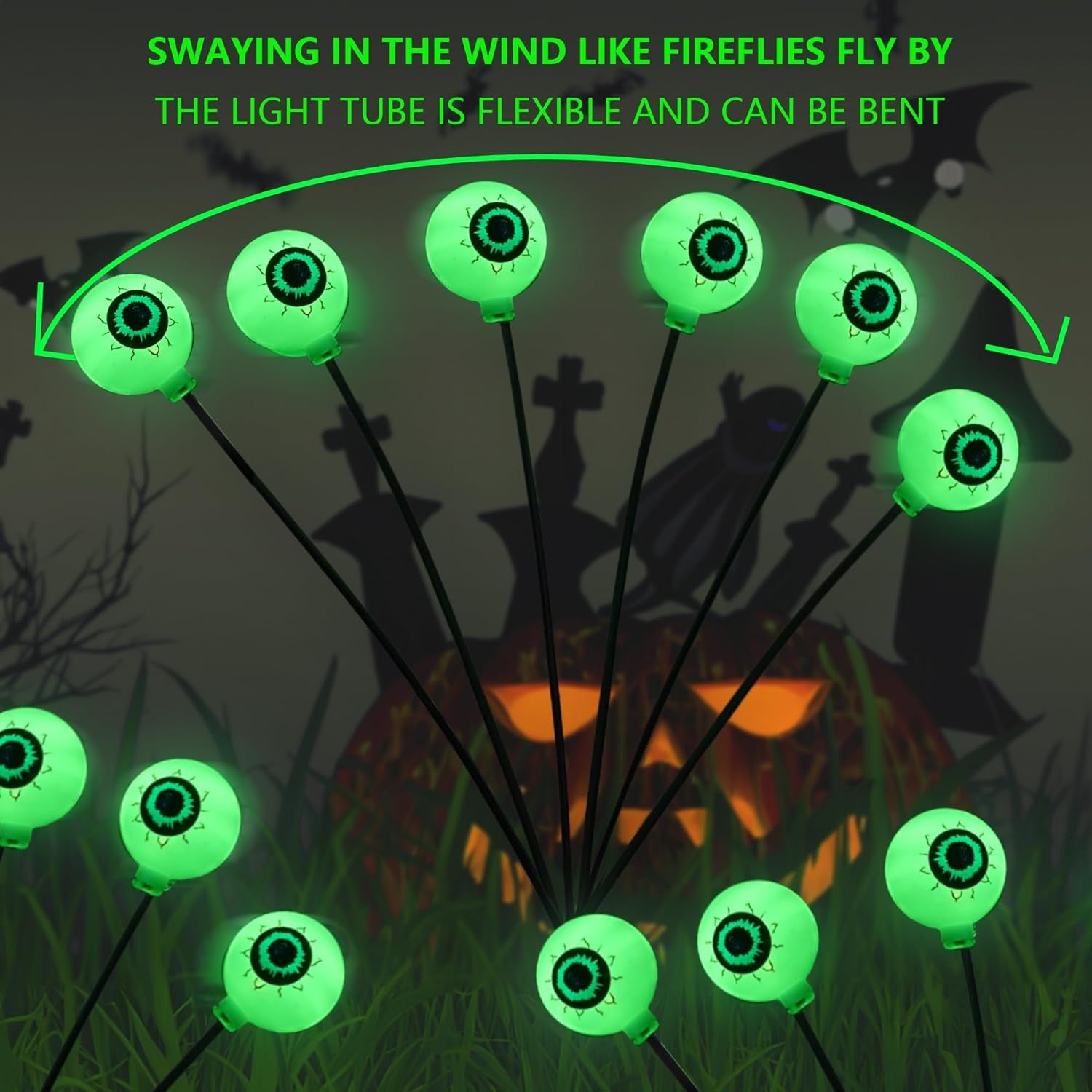 4 Pack 24LED Solar Eyeball Pathway Lights, Scary Halloween Decorations Outdoor, Waterproof Solar Green Firefly Lights for Garden Lawn Yard Decor (4 Pack)