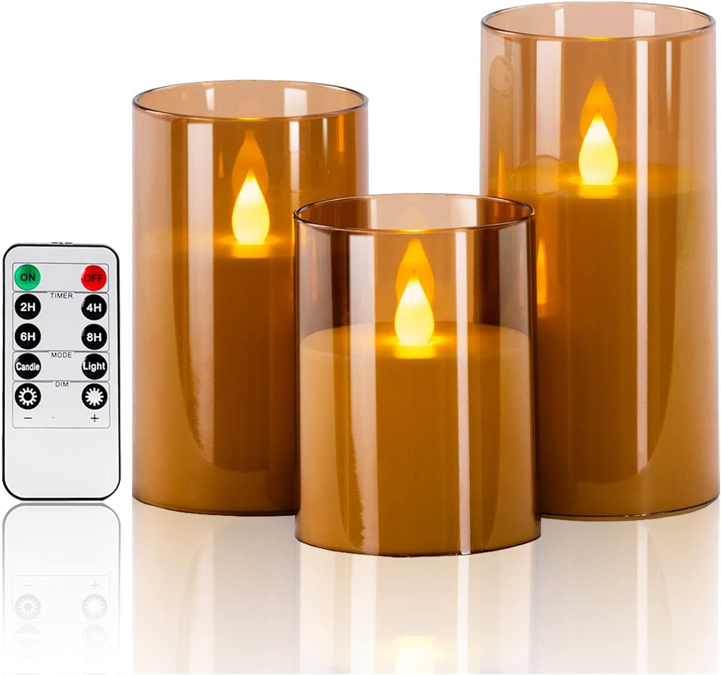 Flameless Candles with Remote, Acrylic Battery Operated Flickering LED Pillar Candles Set of 3 (D:3" X H:4" 5" 6"), Electric Fake Candles, Brown