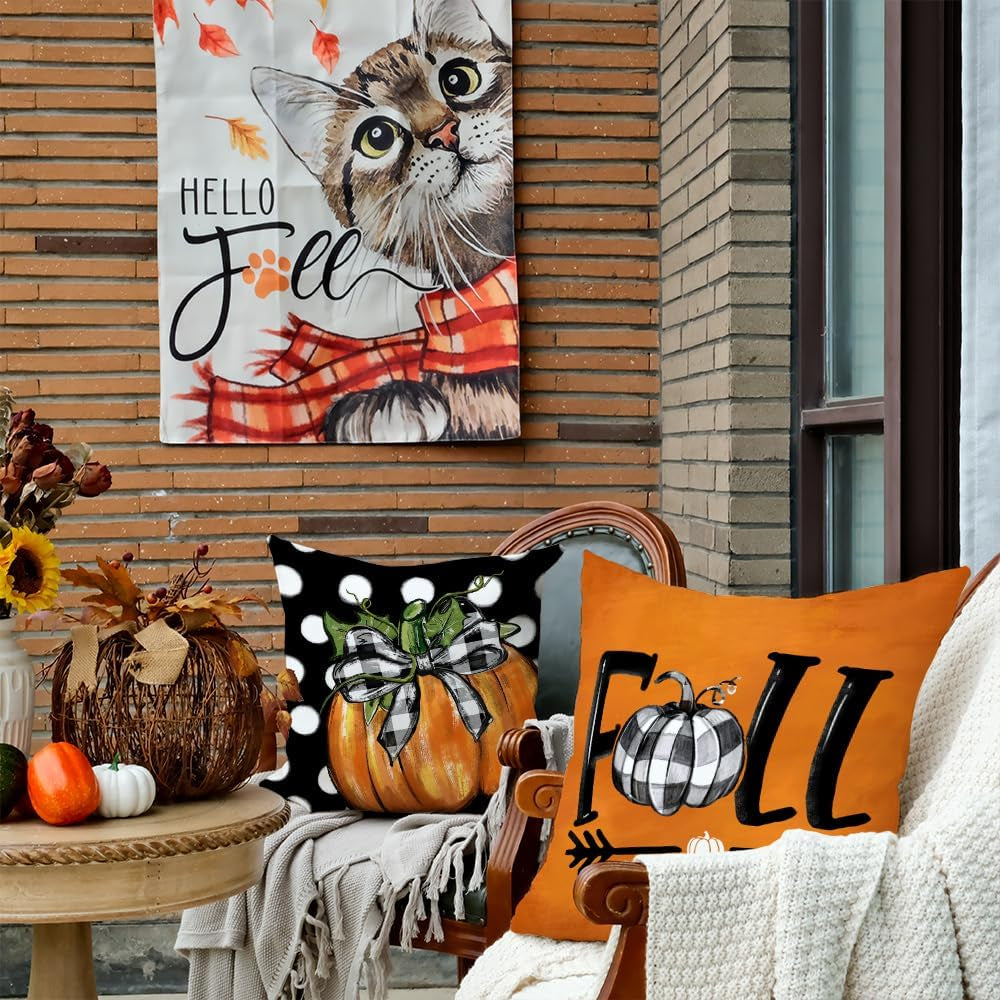 Fall Pillow Covers 18 X 18 Inch Set of 4, Polka Dots Buffalo Bow-Knot Pumpkins Truck Thankful Thanksgiving Decor Decorative Throw Cushion Cases Decoration for Home Sofa Couch (Black) G405-18