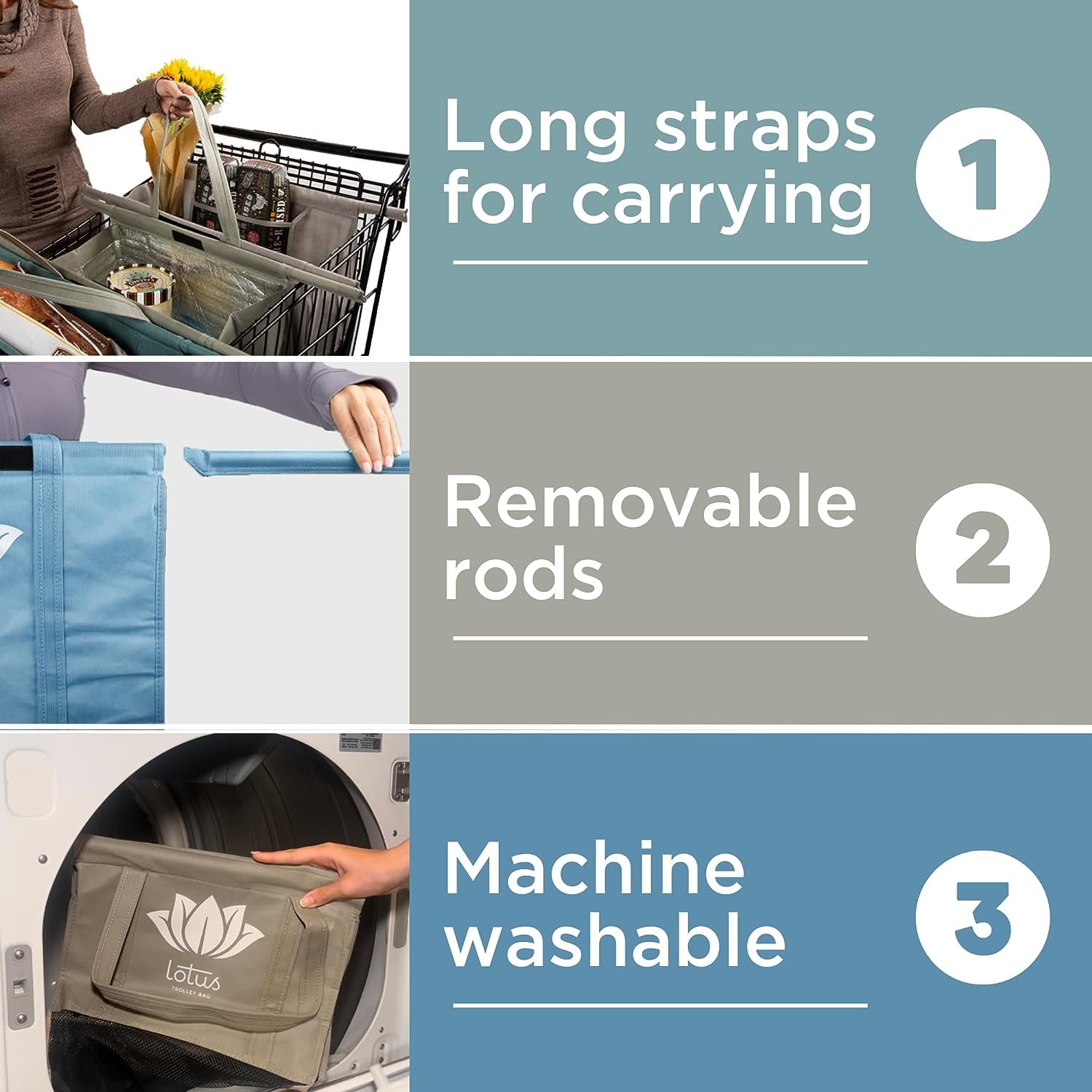 Grocery Store Reusable Easy Cart and Pack Set of 4 -W/Lrg COOLER Bag & Egg/Wine Holder! Reusable Grocery Cart Bags Sized for USA. Washable Eco-Friendly 4-Bag Grocery Tote. (Earth Tones)