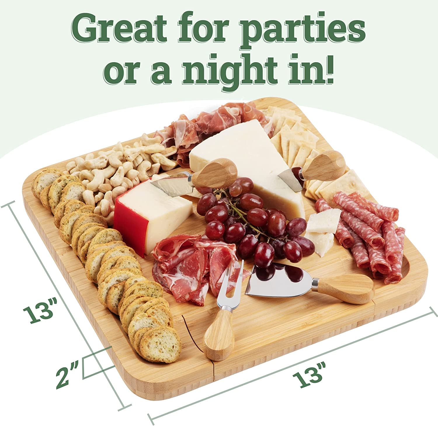 Bamboo Cheese Board Charcuterie Board Set with Cutlery - Slide-Out Drawer Includes 4 Stainless Steel Serving Utensils - Serving Tray for Wedding Gifts, Christmas Gifts, Housewarming