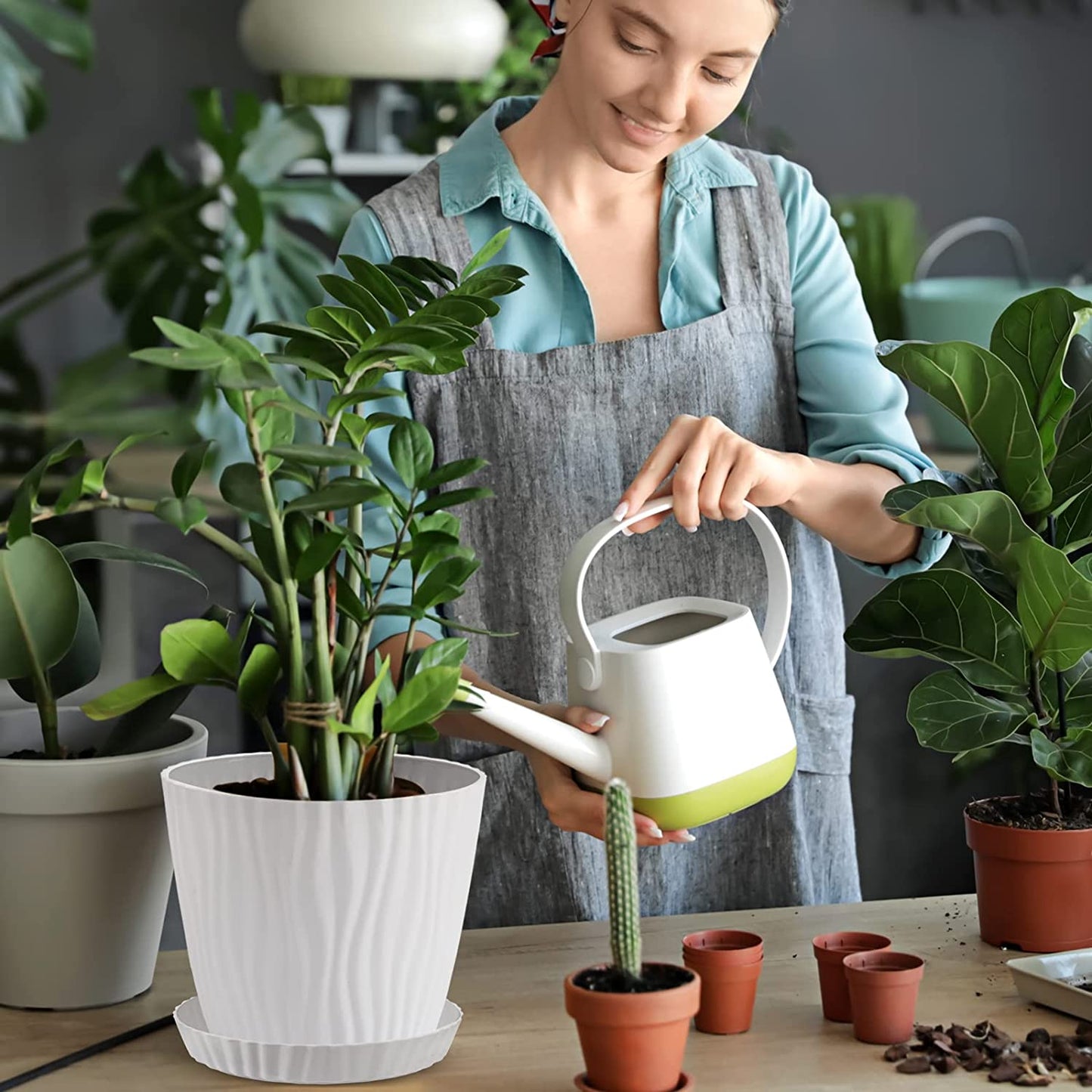 6 Pack Plant Pots, 7Inch White Plastic Flower Pots with Drainage Holes and Saucers, Large Planters for Indoor Plants Modern Decorative Planting Pots Outdoor
