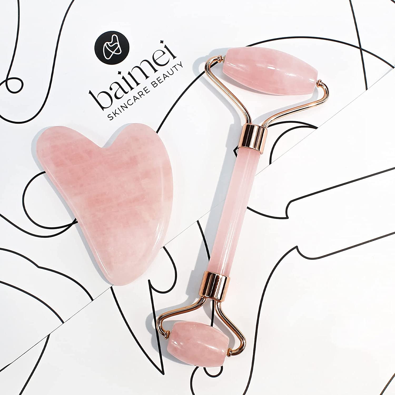 Jade Roller & Gua Sha, Face Roller, Facial Beauty Roller Skin Care Tools,  Rose Quartz Massager for Face, Eyes, Neck, Body Muscle Relaxing and Relieve Fine Lines and Wrinkles